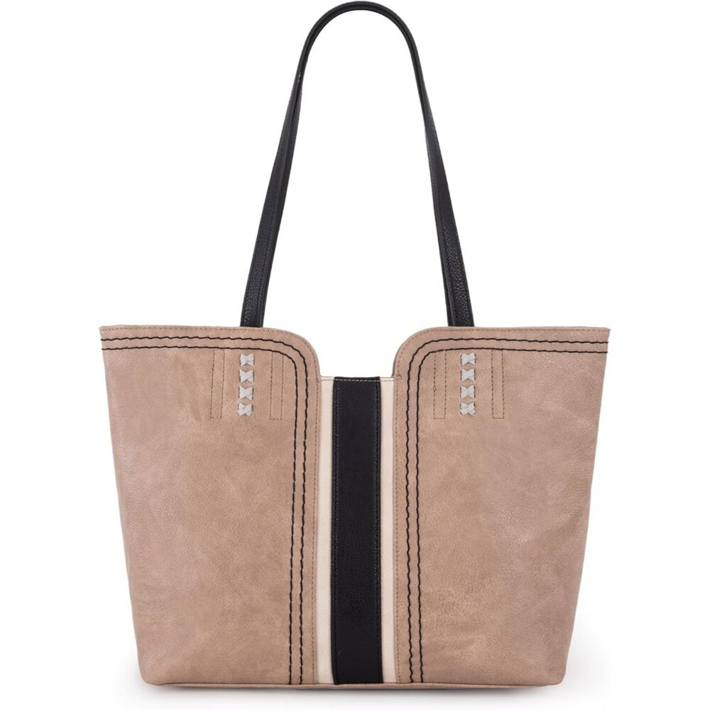 〽️Women's Tan Black Leather Classic Top Handle Zipper Pockets Casual Tote Bag